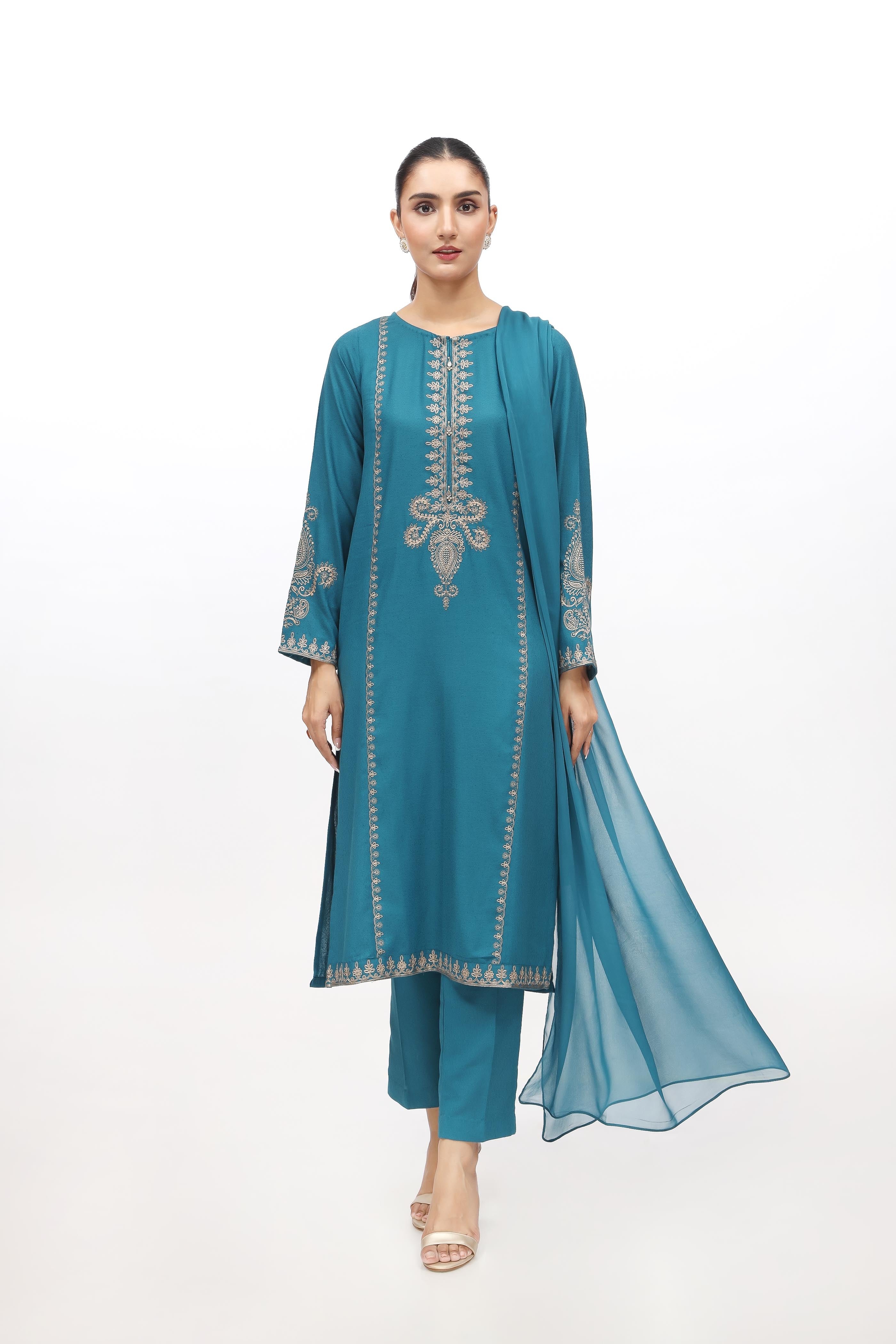 Chinyere Signature Pret Three Pieces Embroidered Lawn Karandi Turquoise Blue Suit Fall Winter 2024