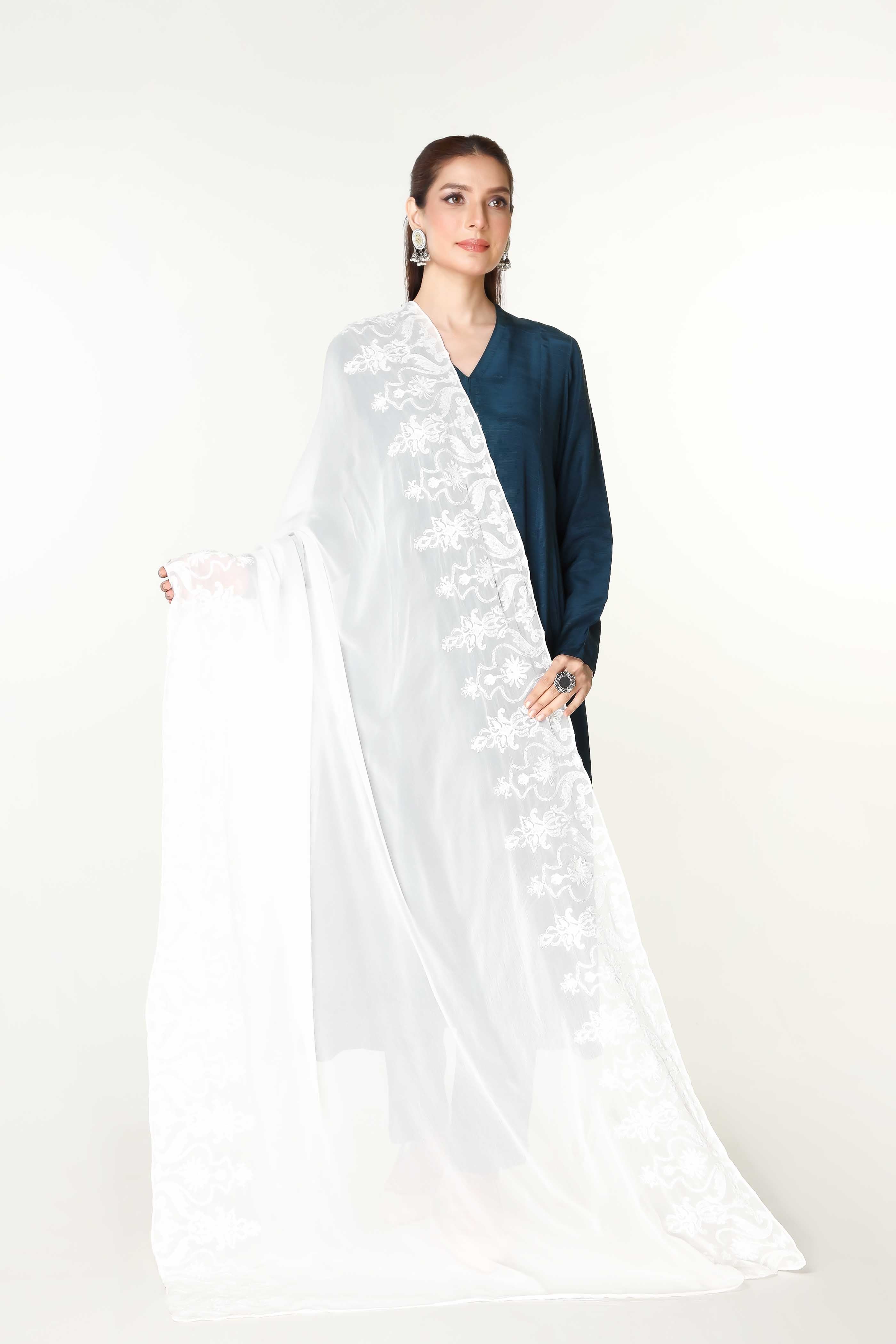 Chinyere Accessories Embroidered Chiffon White Dupatta Fall