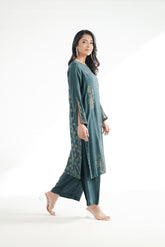 2 Piece Printed Raw Silk Embroidered Suit (FL0229)