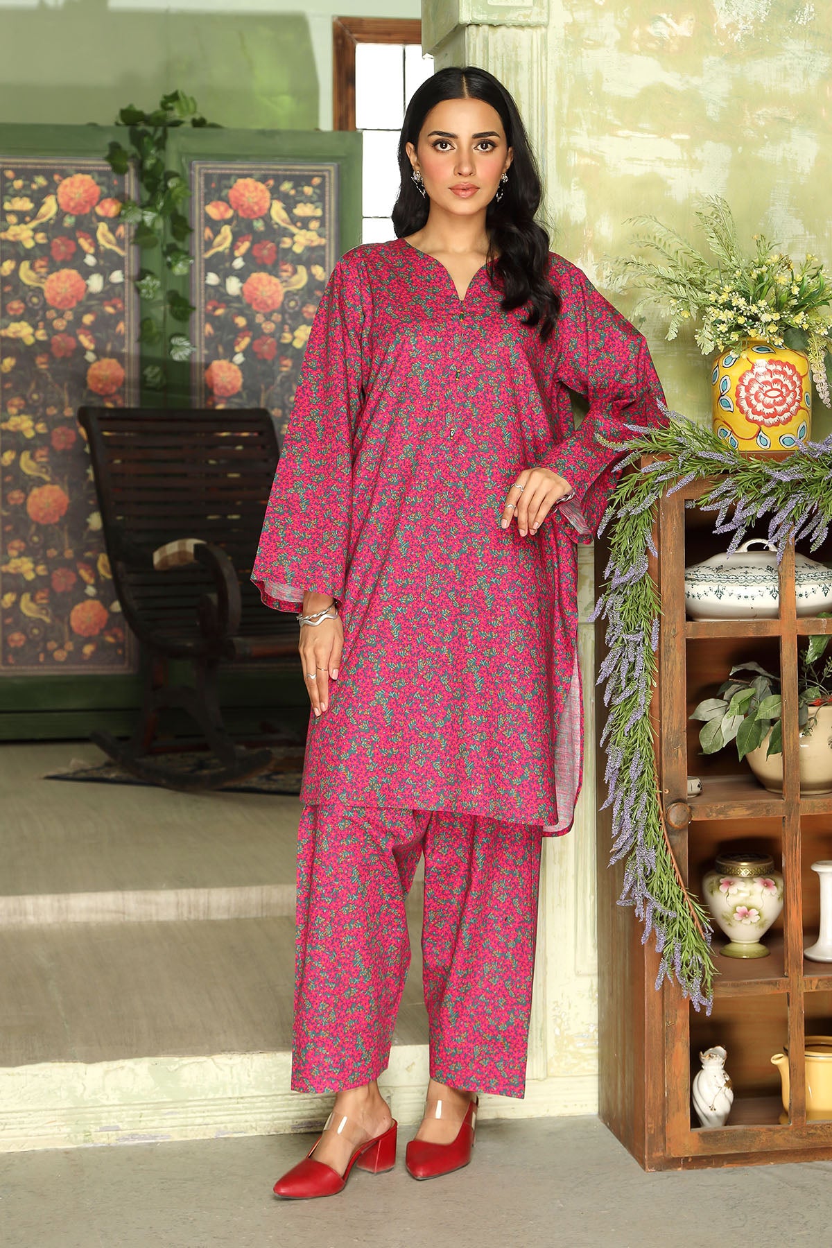 2 Piece Magenta Printed Suit (DU0405)