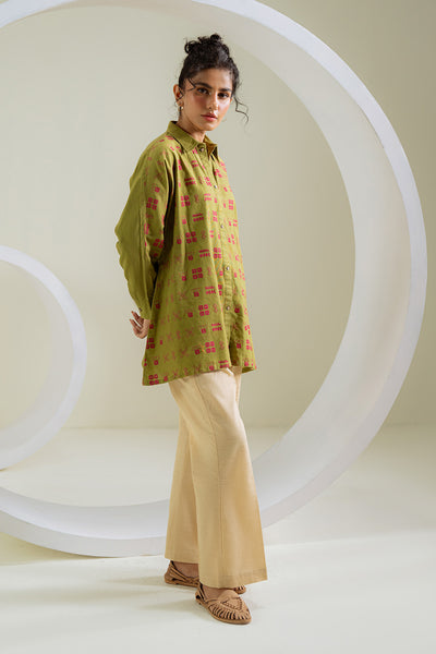 Chinyere Gen Z 1 Piece Printed Slub Khaddar Olive Green Shirt Winter 2024 CHINYERE