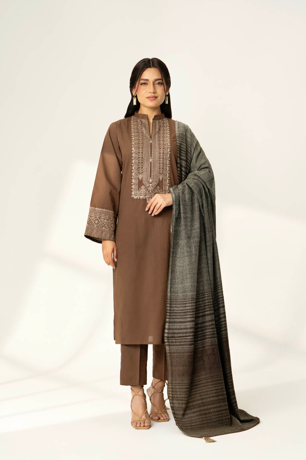 3 Piece Slub Khaddar Embroidered Suit (BA0161)