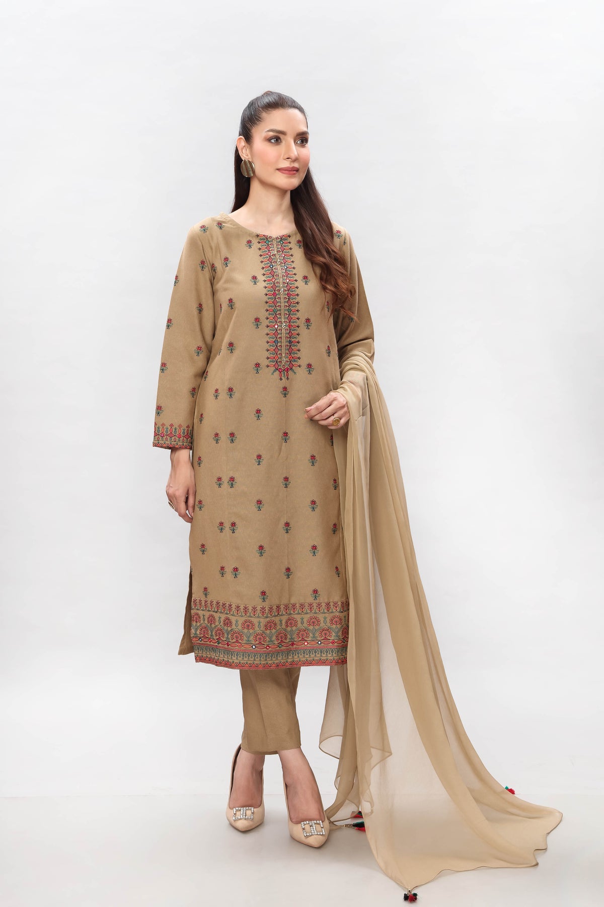 3 Piece Cotton Karandi Embroidered Suit  (BB9739)
