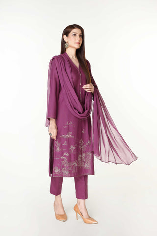 3 Piece Slub Khaddar Embroidered Suit  (BB9945)