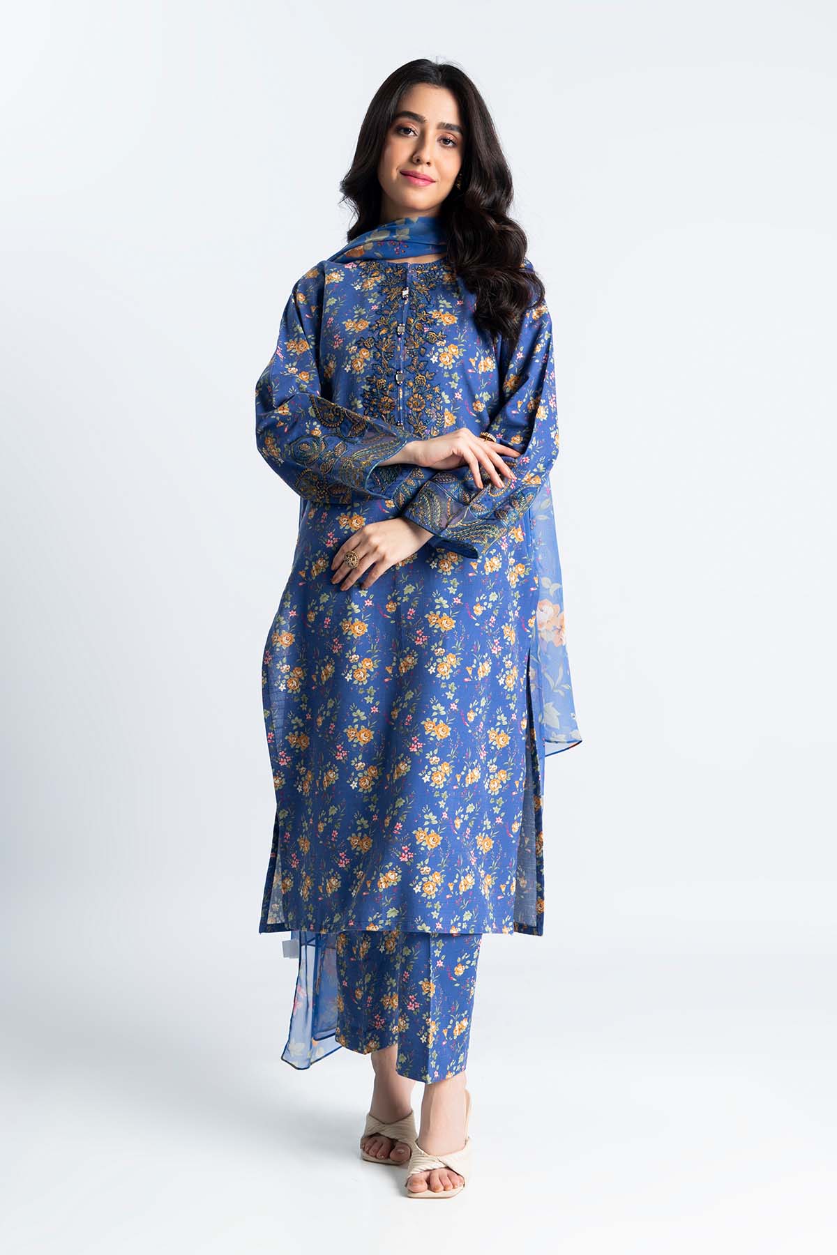 3 Piece Printed Slub Khaddar Embroidered & Printed Suit  (PD1172)