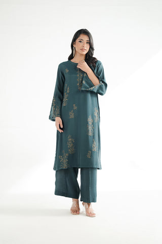 2 Piece Printed Raw Silk Embroidered Suit (FL0229)