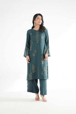 2 Piece Printed Raw Silk Embroidered Suit (FL0229)