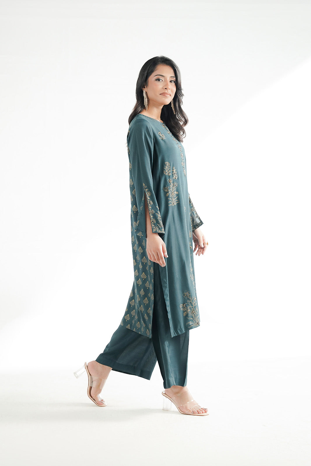 2 Piece Printed Raw Silk Embroidered Suit (FL0229)