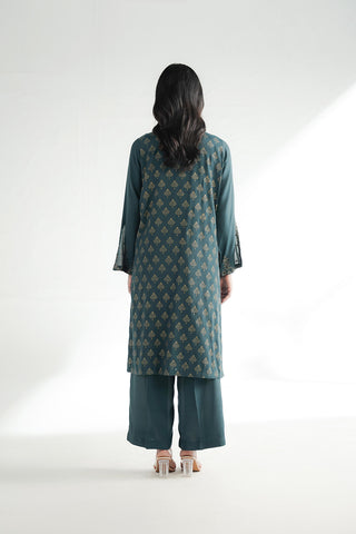2 Piece Printed Raw Silk Embroidered Suit (FL0229)