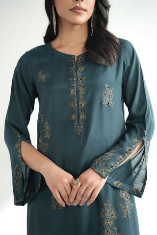 2 Piece Printed Raw Silk Embroidered Suit (FL0229)