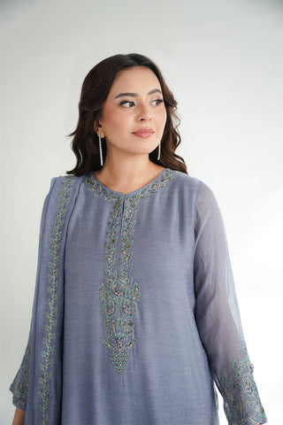 3 Piece Khaddi Net Embroidered Suit (FL0225)