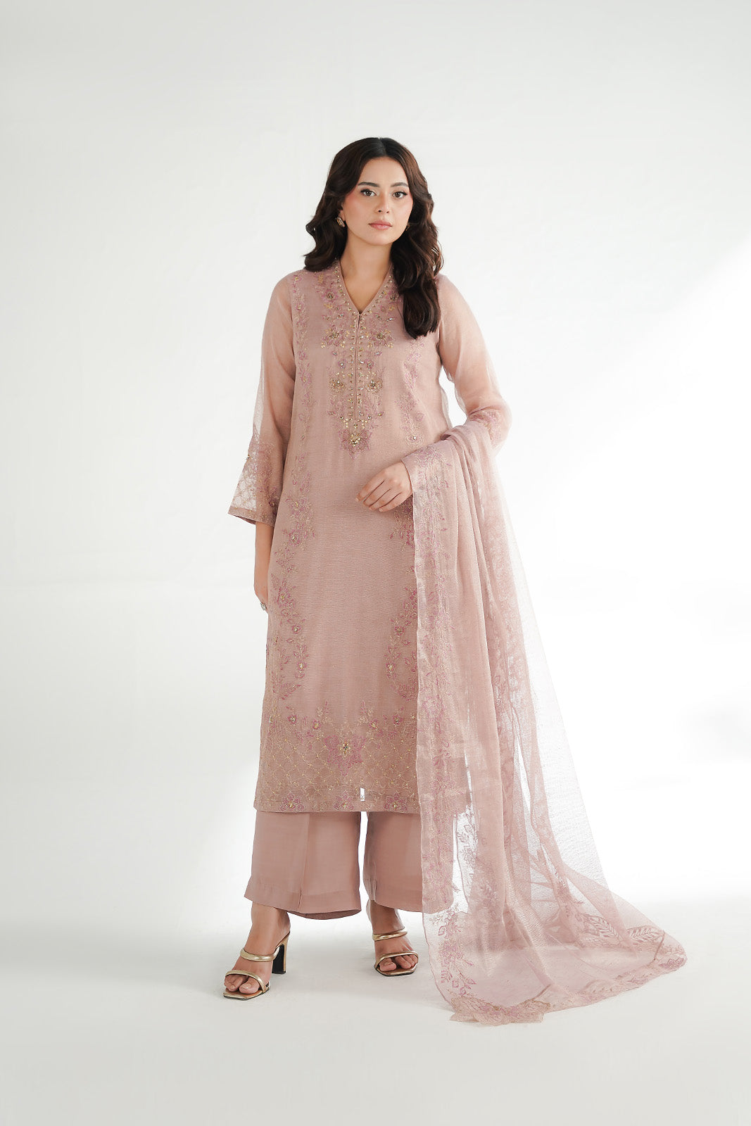 3 Piece Emboss Net Embroidered Suit (FL0227)