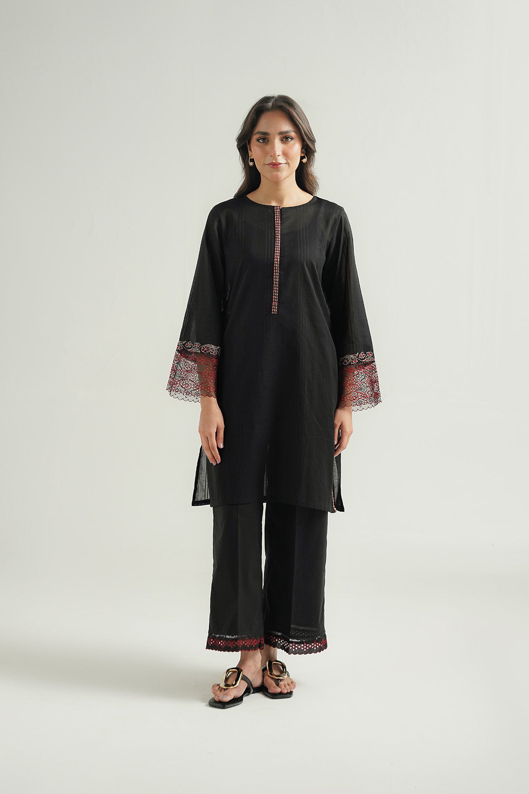 2 Piece Cotton Stripe Embroidered Suit (CP0478)