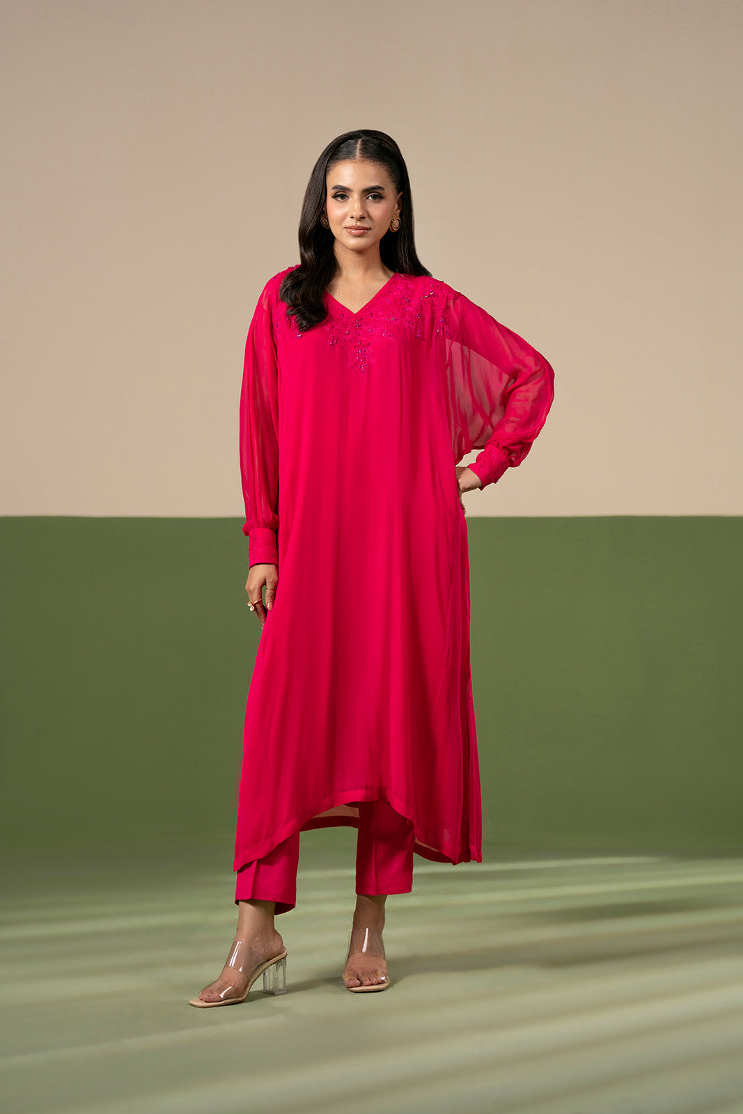 2 Piece Chiffon Embroidered Suit (FL0236)