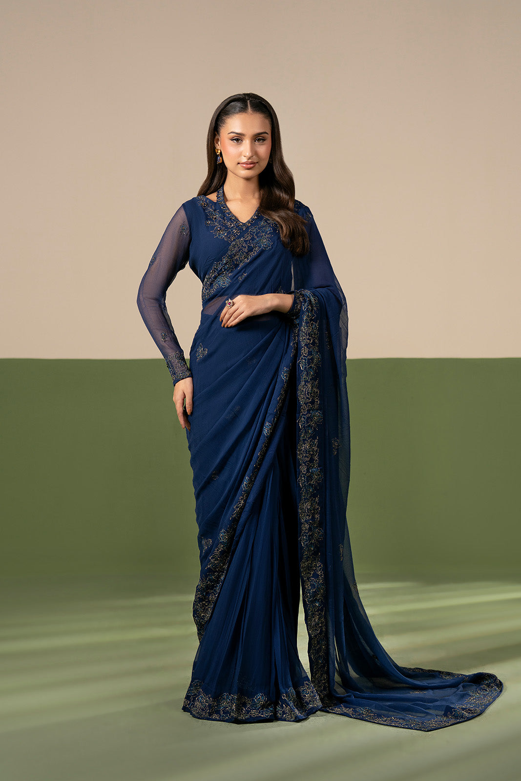 3 Piece Chiffon Embroidered Saree/Blouse/Petticoat (FW0029)