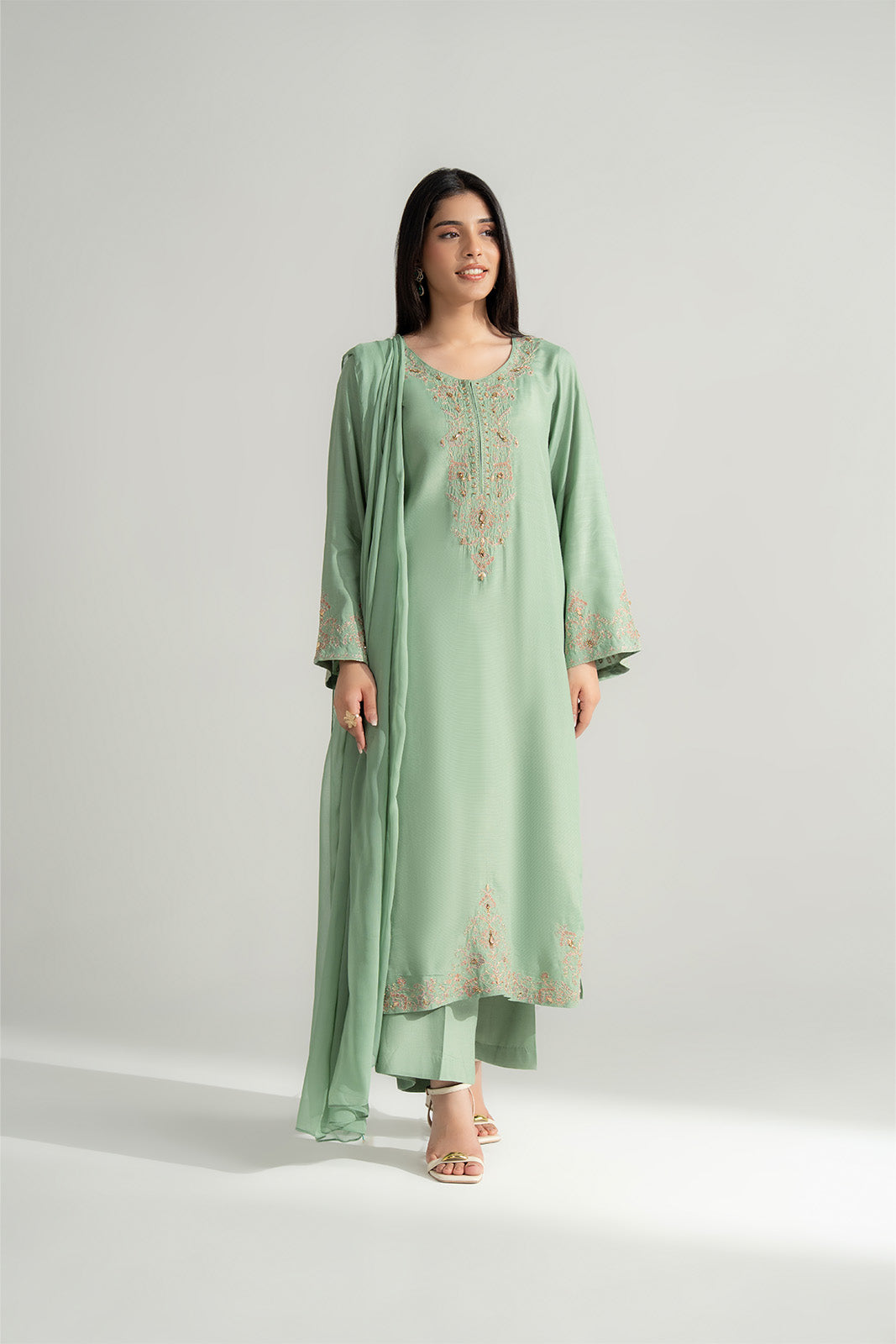 3 Piece Raw Silk Embroidered Suit (FL0158)