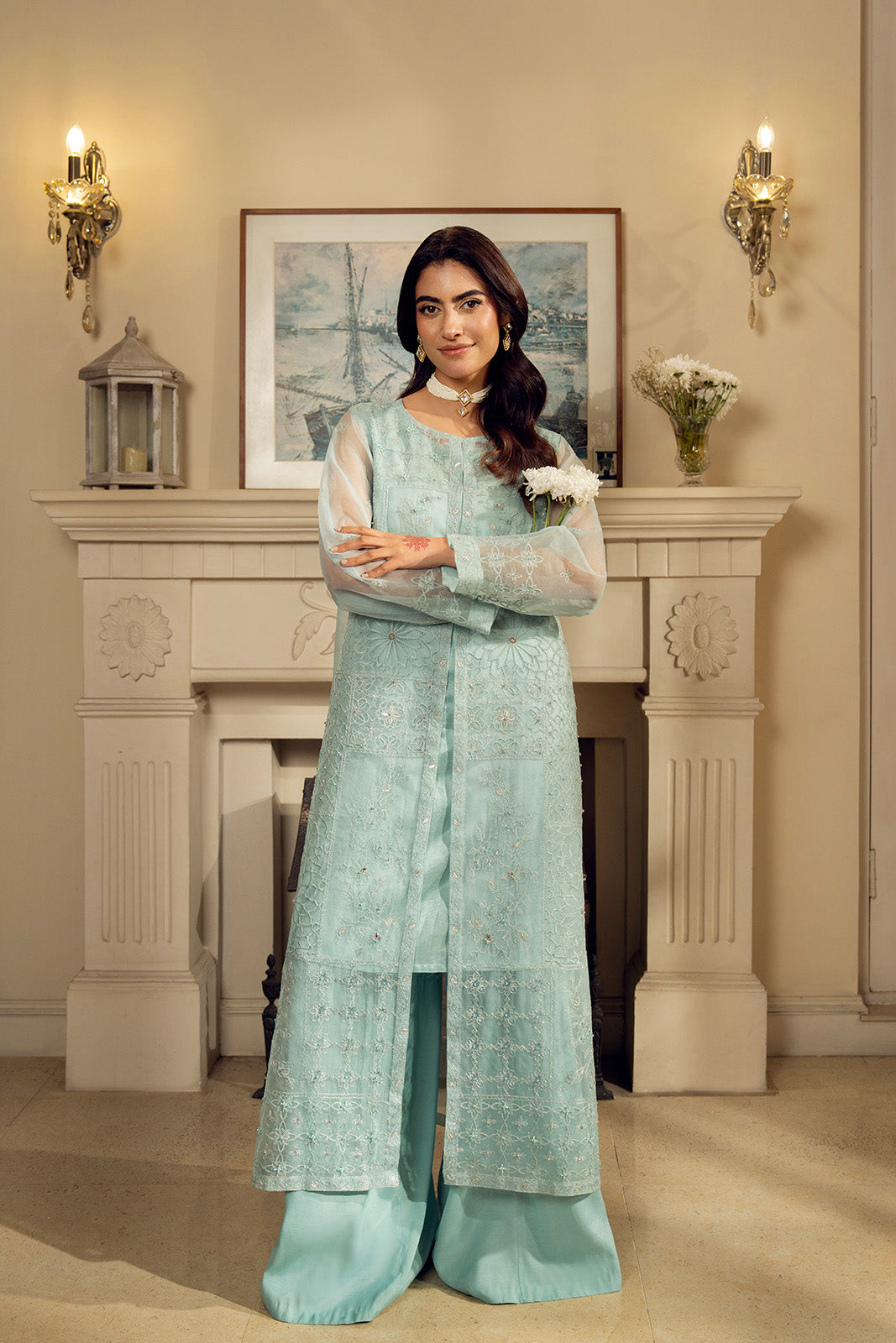 2 Piece Organza Embroidered Suit (FL0138)