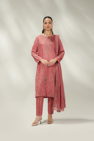 3 Piece Printed Korean Rawsilk Embroidered Suit (FL0246)