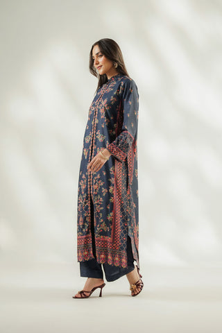 3 Piece Printed Raw Silk Embroidered Suit (FL0260)