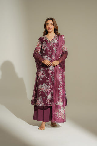 3 Piece Net Print Embroidered Suit (FS0140)