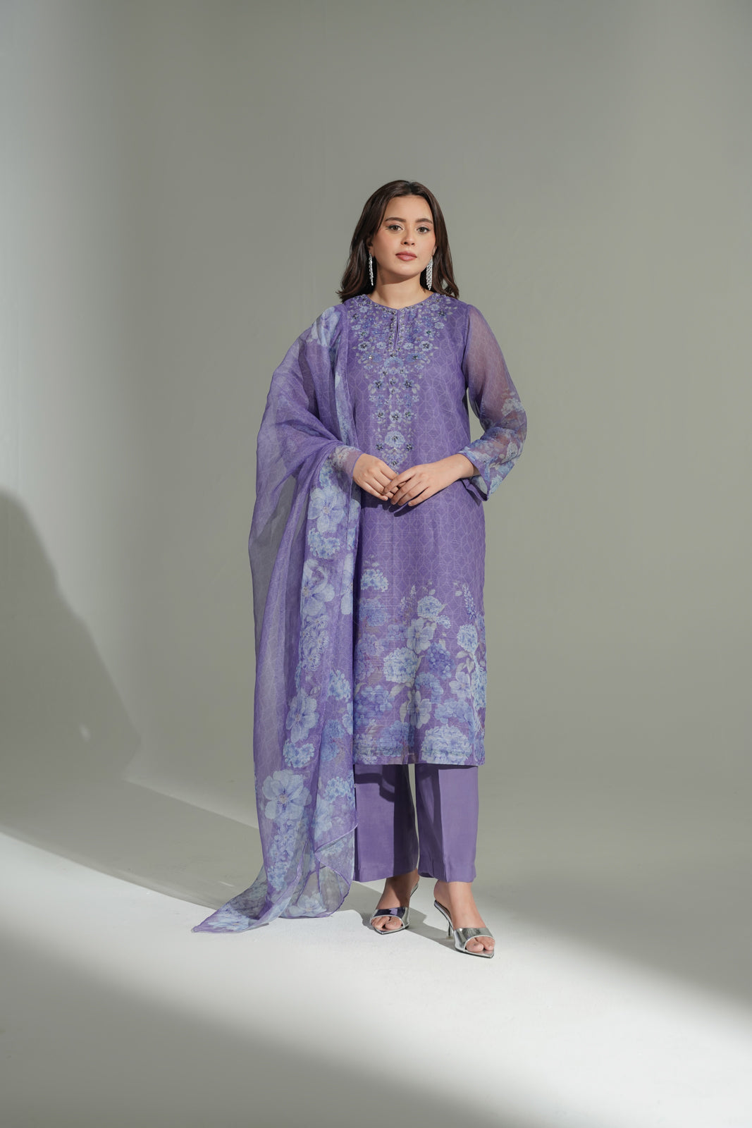 3 Piece Net Printed Embroidered Suit (FS0176)