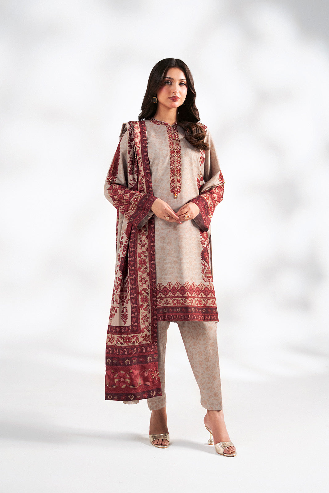 3 Piece Printed Raw Silk Embroidered Suit (FS0215)