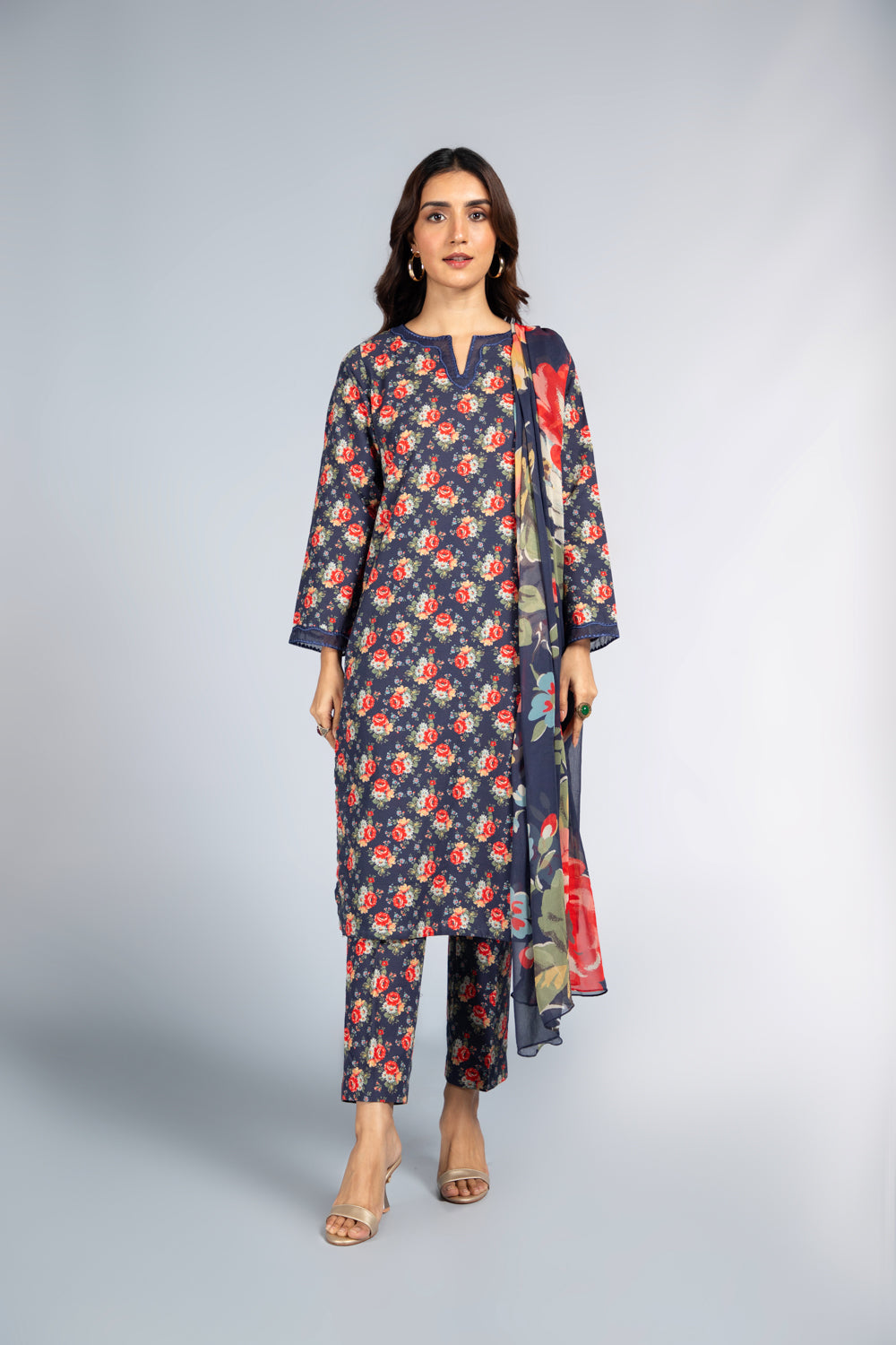 3 Piece Slub Khaddar Embroidered & Printed Suit  (PD1176)