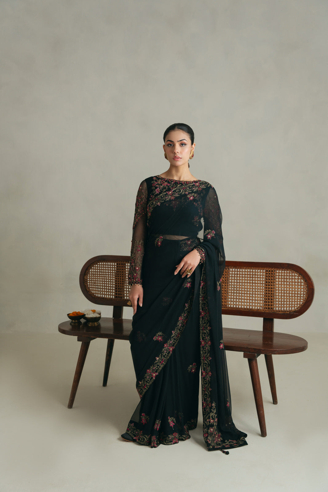 3 Piece Unstitched Chiffon Embroidered Sari (UF0007)