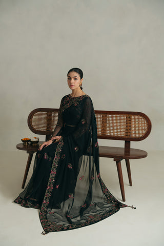 3 Piece Unstitched Chiffon Embroidered Sari (UF0007)