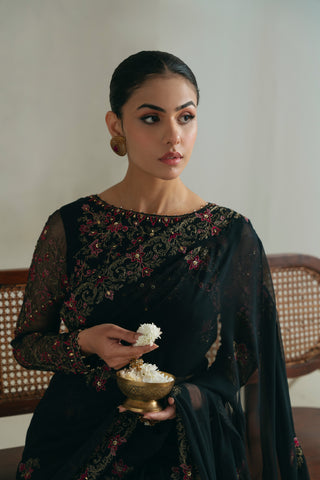 3 Piece Unstitched Chiffon Embroidered Sari (UF0007)