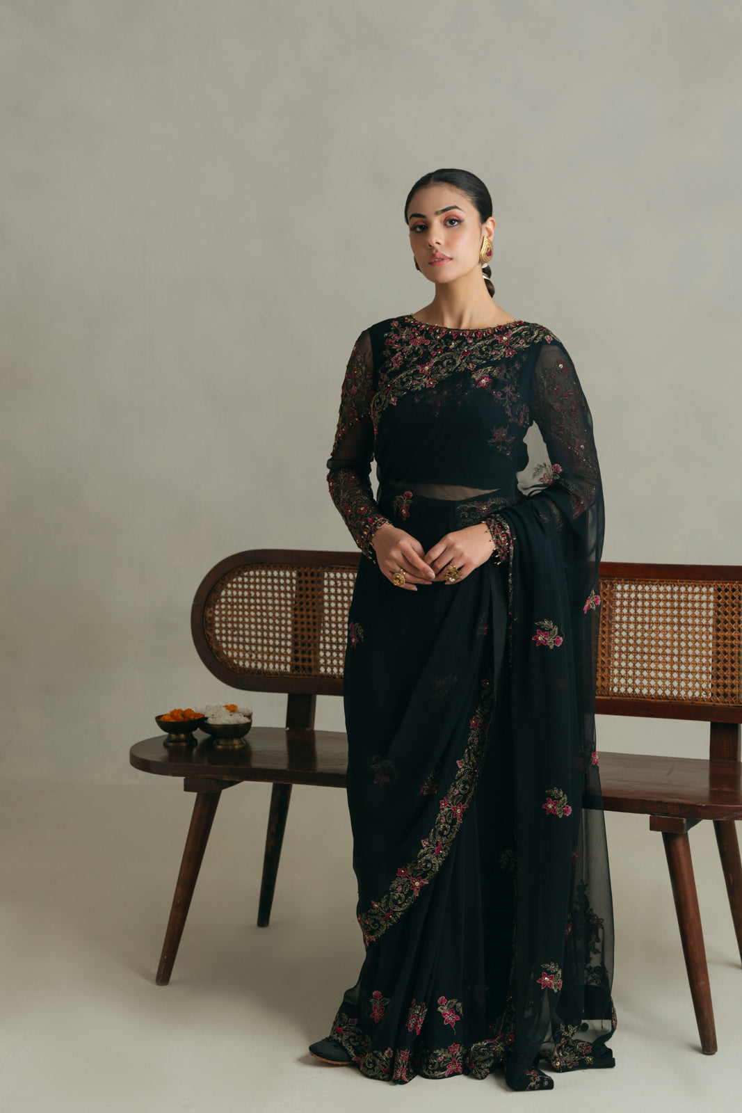 3 Piece Unstitched Chiffon Embroidered Sari (UF0007)