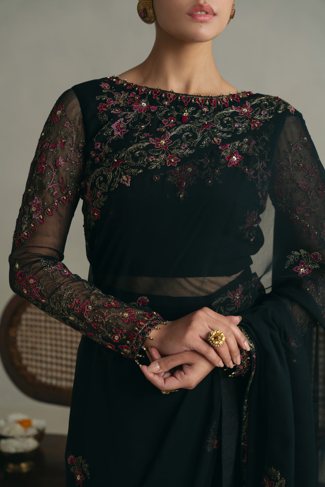 3 Piece Unstitched Chiffon Embroidered Sari (UF0007)