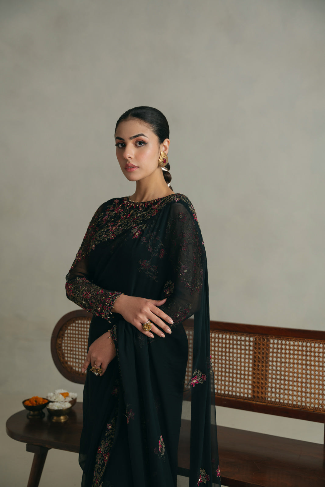 3 Piece Unstitched Chiffon Embroidered Sari (UF0007)