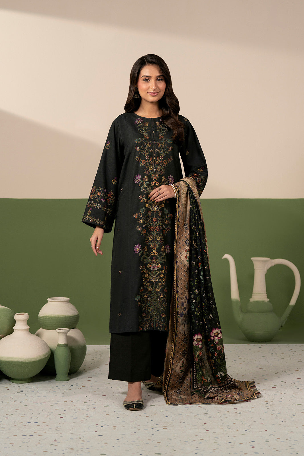3 Piece Slub Khaddar Embroidered Unstitched Suit (UC0146)