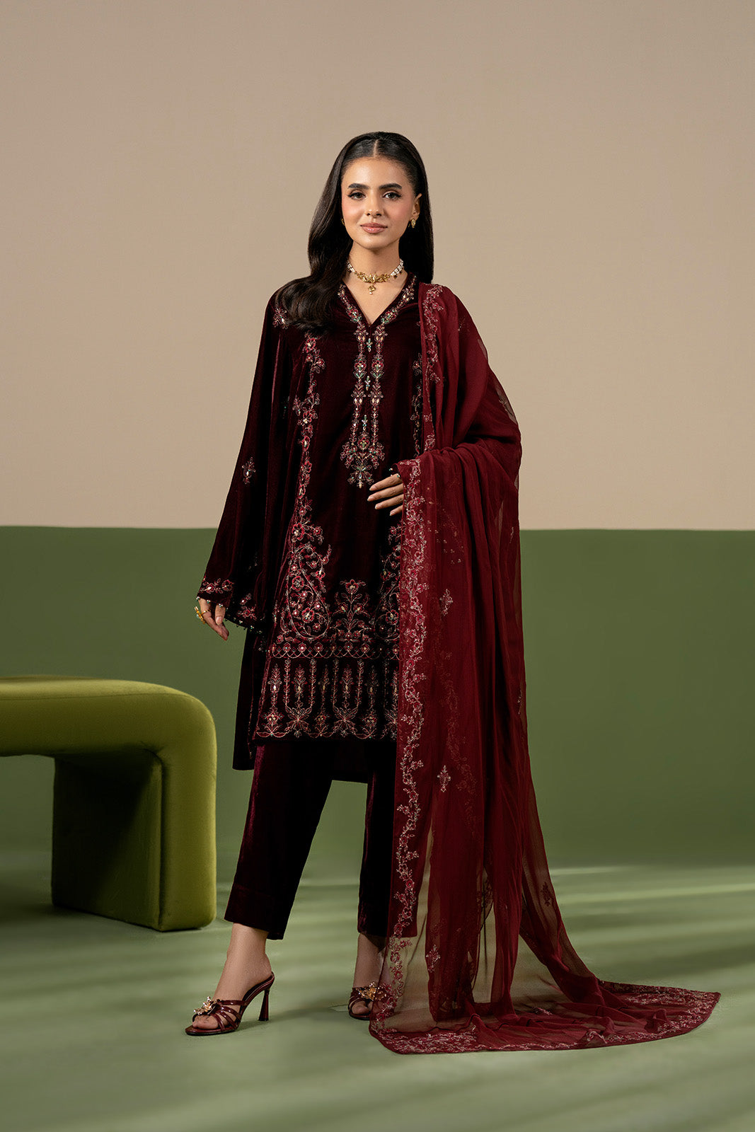 3 Piece Velvet Embroidered Unstitched Suit (UF0043)
