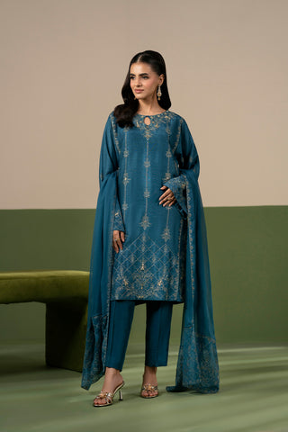 3 Piece Raw Silk Embroidered Unstitched Suit (UF0045)