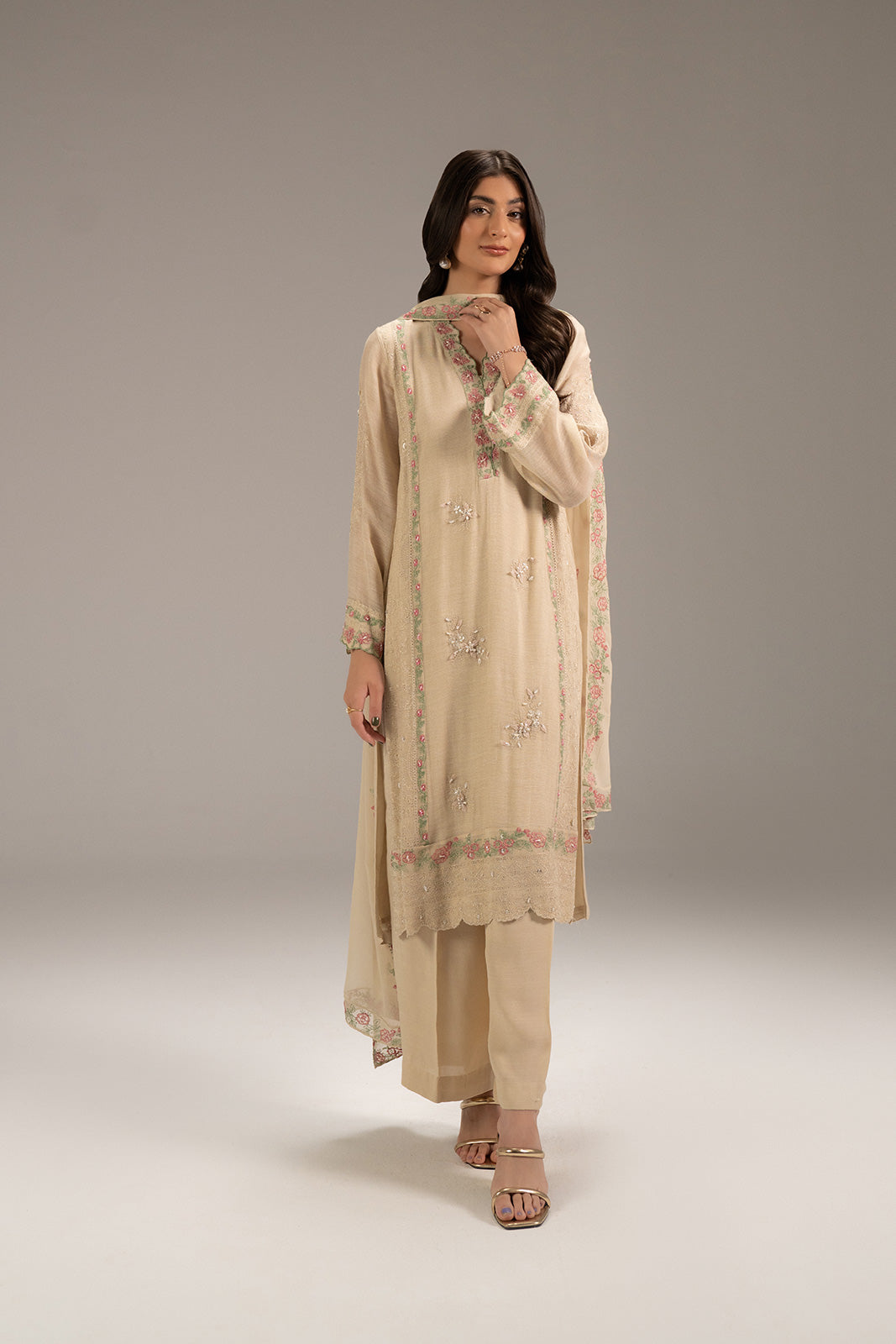 3 Piece Khadi Net Embroidered Suit (FL0056)